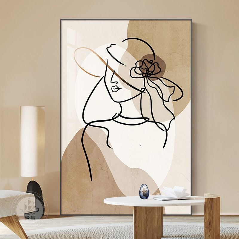 玄关极简线条人物挂画装饰奶油风竖版客厅背景墙落地画入户正对门