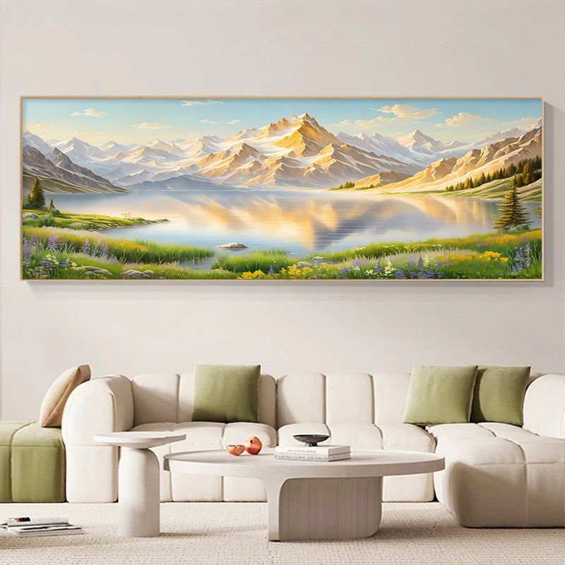 日照金山挂画装饰客厅沙发背景墙聚宝盆山水背后有靠山图轻奢高级