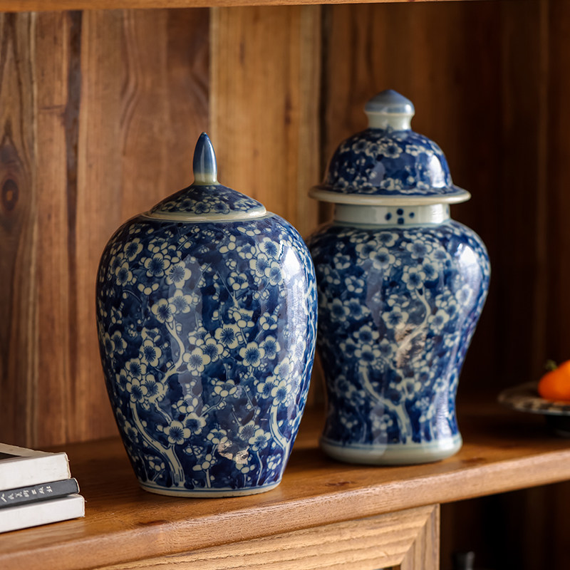 景德镇仿古手绘花瓶手作手绘仿清青花冰梅纹将军罐客厅书房摆件