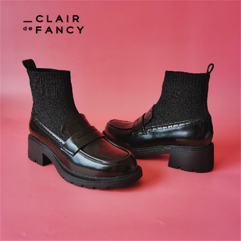 CLAIR de FANCY轻奢时尚方头粗跟舒适帅气好穿防滑女袜靴1410637