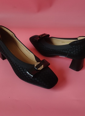 CLAIR de FANCY羊皮版复古方头编织镂空蝴蝶结黑色单鞋1501955