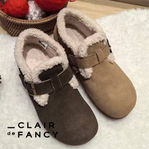 CLAIR de FANCY勃肯鞋女2025秋冬季外穿保暖棉圆头毛毛鞋1250154