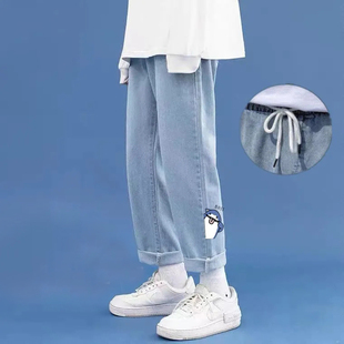 潮流宽松直筒学生百搭休闲老爹 男生韩版 2023春夏季 系绳阔腿牛仔裤