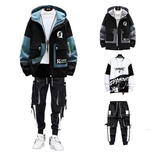 春秋季新款夹克卫衣工装裤三件套男装两件套一整套冬季男士外套潮