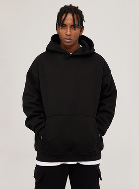 第76人类NMK 重磅500克美式基础纯色百搭宽松男加绒黑色连帽卫衣