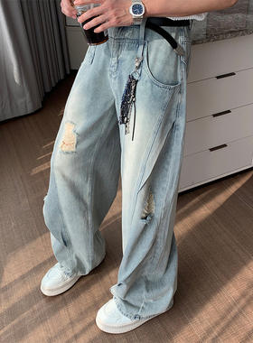 Hualun夏季破洞男士牛仔裤2026新款薄款裤子男生潮牌高街宽松男裤