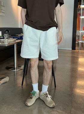 王几又 松紧带白色短裤休闲裤男生夏季新款美式宽松直筒百搭简约