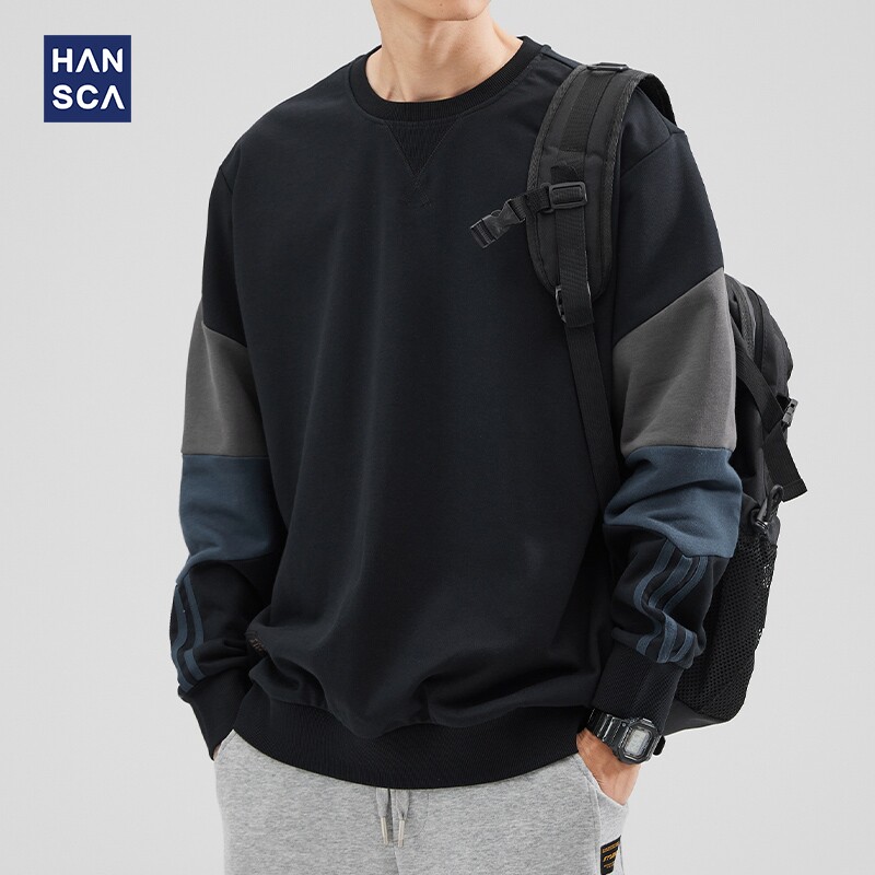 hansca美式拼接圆领加绒卫衣男2026秋冬季加厚宽松运动套头上衣服