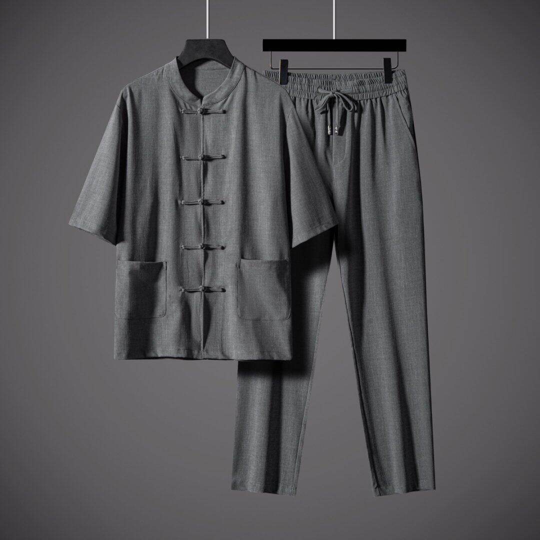 2026夏季新中式唐装男款高端高档冰丝运动套装男休闲茶服爸爸装