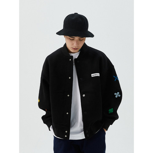 APOGE3阿保机月亮花飞行夹克男潮牌毛呢棒球服美式宽松情侣外套女