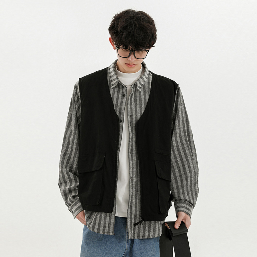 SHAPOES春秋季男生日系纯棉条纹长袖衬衫男士潮牌假两件工装外套