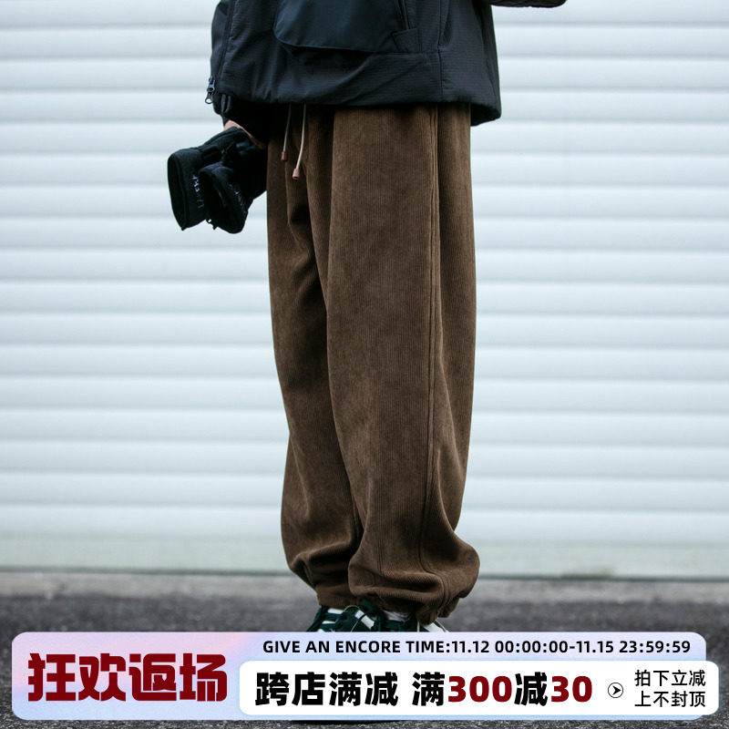 日系潮牌宽松休闲裤加厚灯芯绒裤子男秋冬加绒运动裤哈伦束脚裤潮