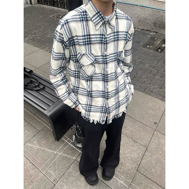TAICHIISM水洗流苏破坏格子衬衫男女纯棉法兰绒Cleanfit长袖衬衣
