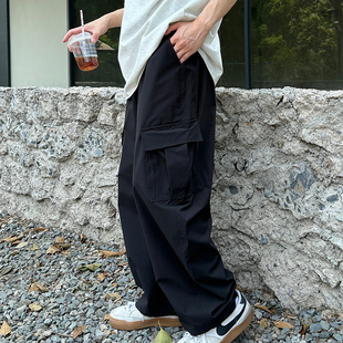 暗物质黑色抽绳休闲工装裤男生秋季2025新款长裤子纯色宽松简约
