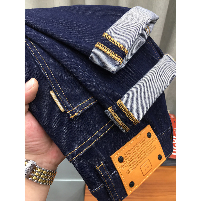 养牛原色牛仔裤男秋季高端潮流蓝色纯色弹力修身小脚长裤秋冬款