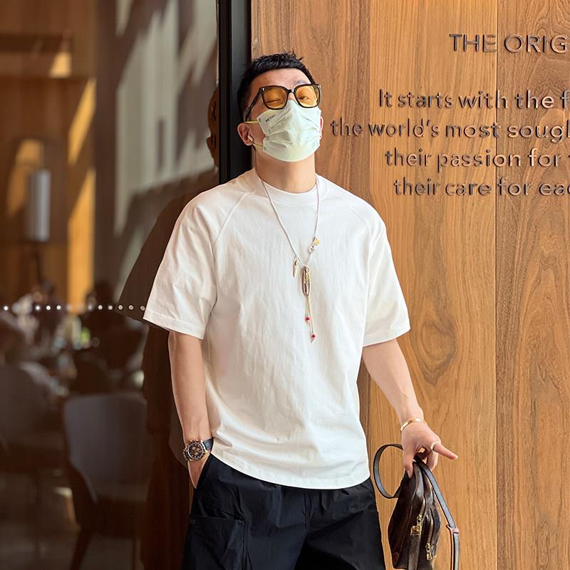 日系覆古重磅纯色休闲 男士短袖T恤ins透气纯棉圆领插肩打底衫T恤