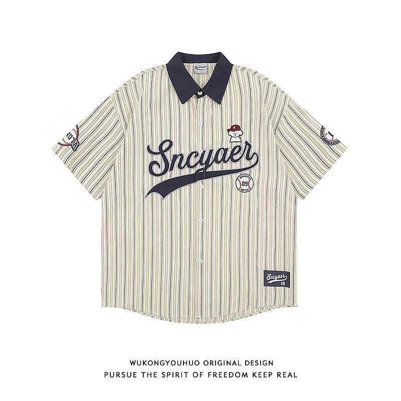 悟空有货美式覆古棒球小狗条纹短袖衬衫男夏季学院风休闲百搭衬衣