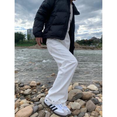 07QWER 四季通勤白色简约男春秋牛仔裤韩版情侣直筒休闲阔腿裤女