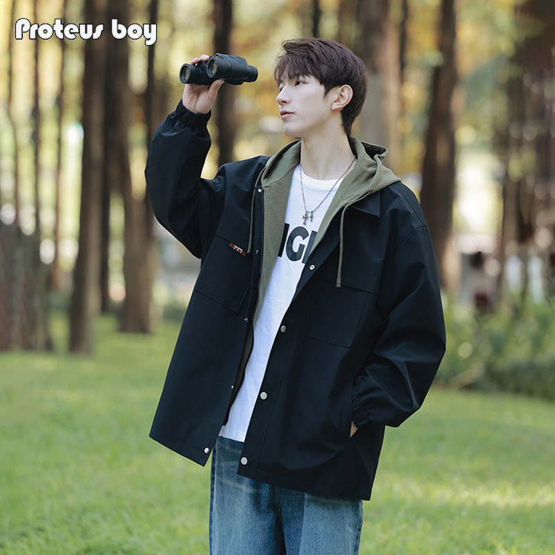 外套男春秋冬季风衣男生2025新款假两件冲锋衣棉衣服男士夹克套装