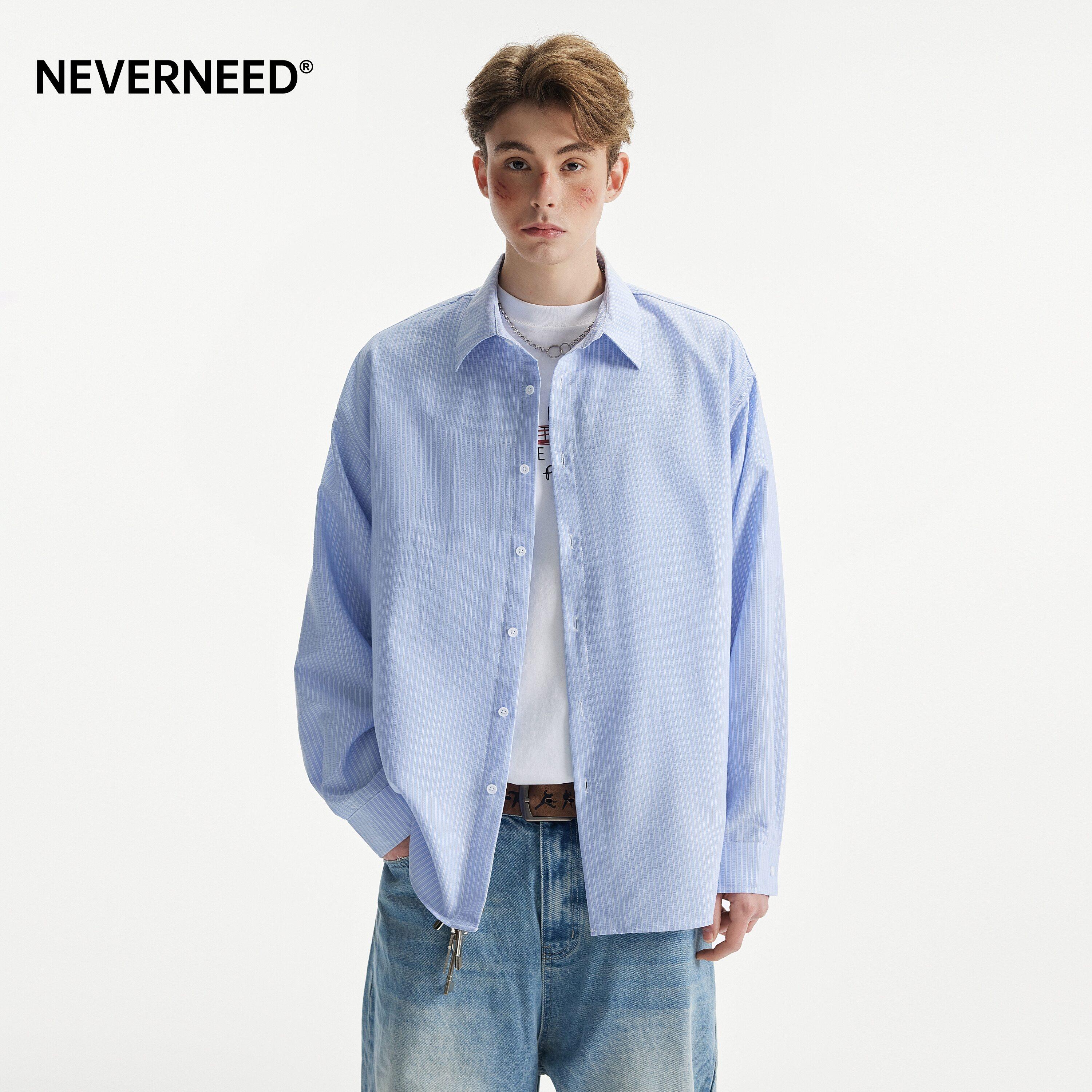 NEVERD竖条纹泡泡纱翻领
