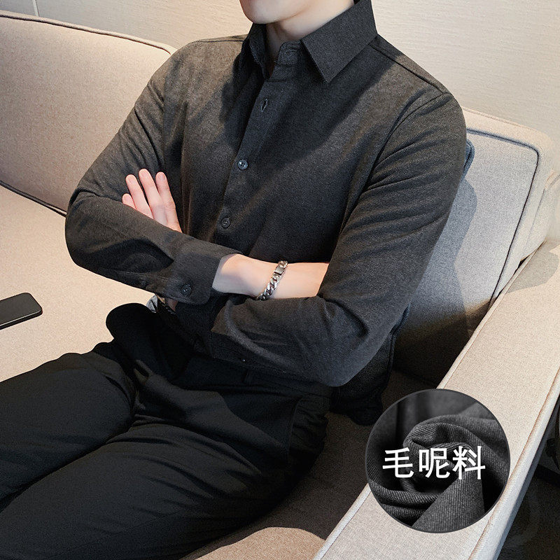 轻商务抗皱衬衣加厚保暖质感毛呢衬衫磨毛长袖男士秋冬修身寸衫厚