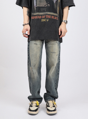 Z POCKET高街美式复古阔腿破洞牛仔裤男款直筒宽松裤子潮牌女夏季