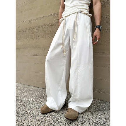 DBW Doublewin白色阔腿休闲裤男小众设计宽松垂感弯刀型工装裤子