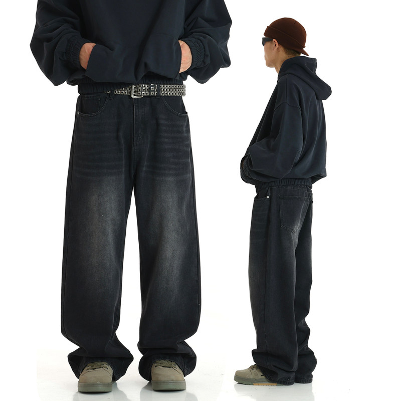 水洗复古牛仔裤男女美式阔腿运动裤宽松直筒垂坠感百搭休闲长裤子