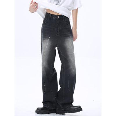 Voguo Relay 小众设计感泼墨中腰牛仔裤韩版水洗宽松直筒裤男女