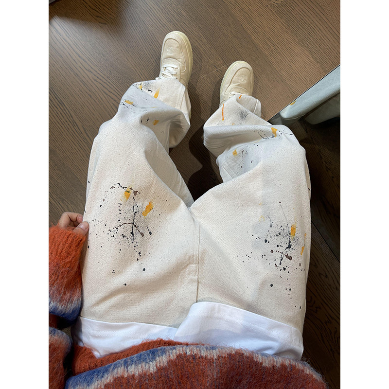 dannyandzee春秋潮牌复古做旧重磅帆布水洗喷漆弯刀裤休闲裤男INS