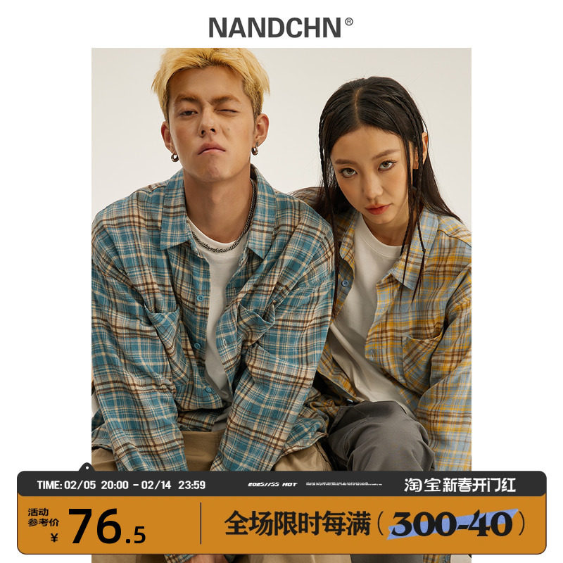 男道复古撞色格纹长袖衬衫男女春秋潮牌宽松休闲情侣工装衬衣外套