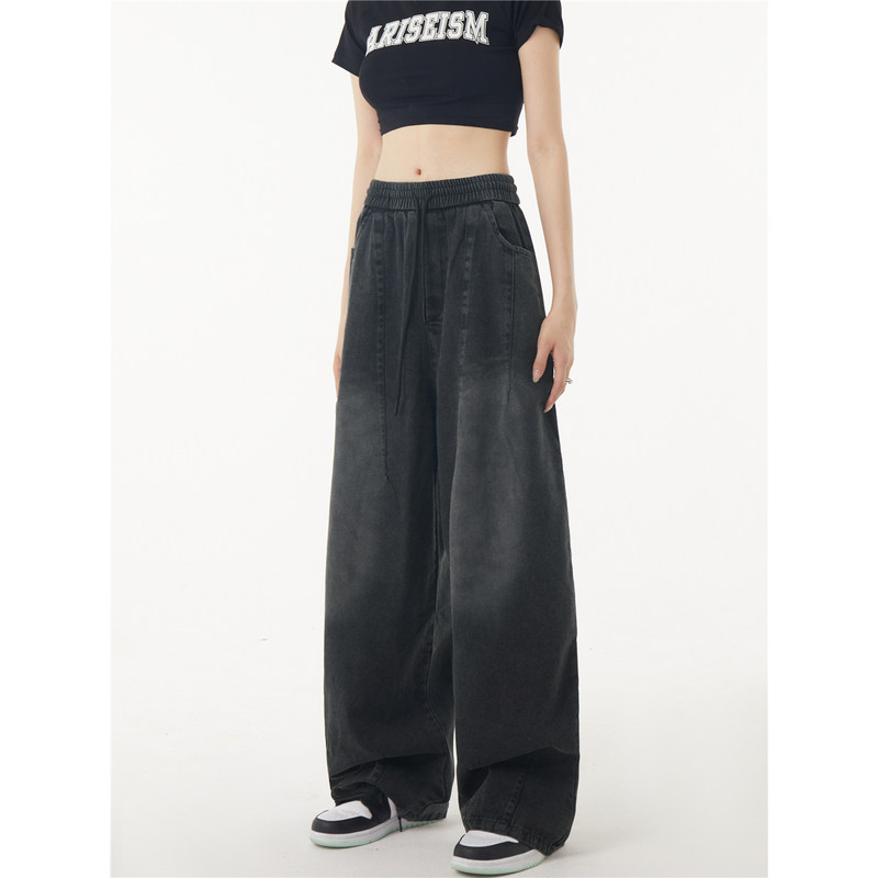 RUTO STUDIO黑色洗水渐变牛仔裤美式街头复古宽松阔腿裤休闲裤子