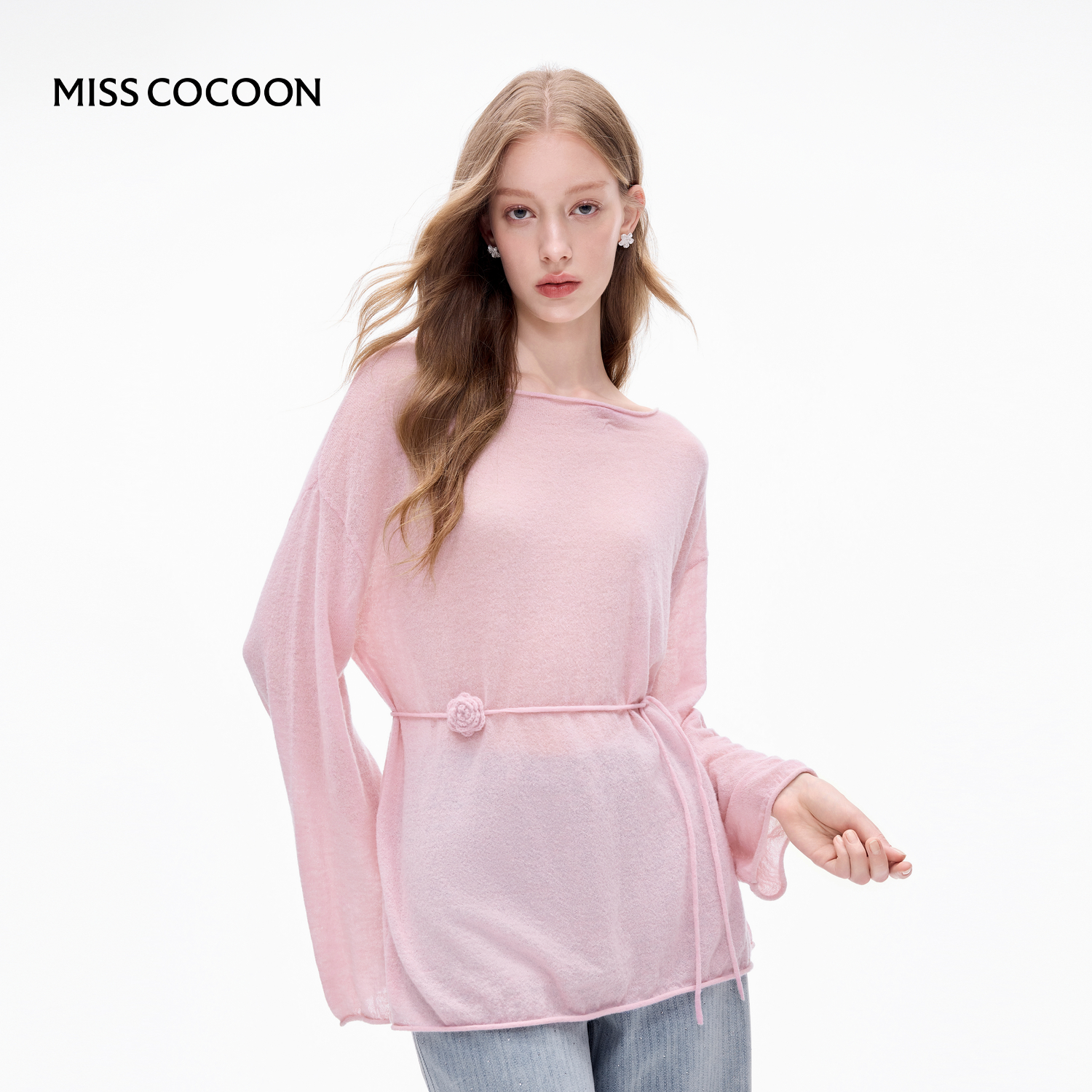 MISSCOCOON桃红薄款针织衫一字领绵羊毛上衣25秋新款
