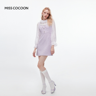 MISSCOCOON紫色小香风粗花呢拼接连衣裙蕾丝绣花领25冬新款