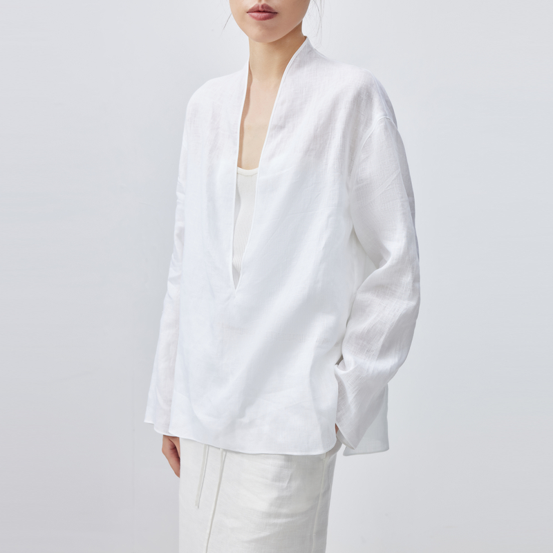 【舒心】CHICC3亚麻宽松老钱风深V领廓形衬衫