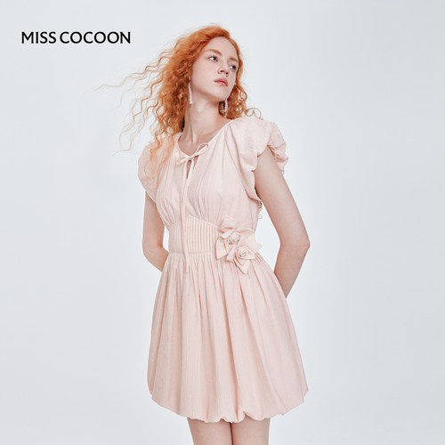 MISSCOCOON莱赛尔花苞袖缎面肌理连衣裙粉橘宫廷公主裙25夏新款