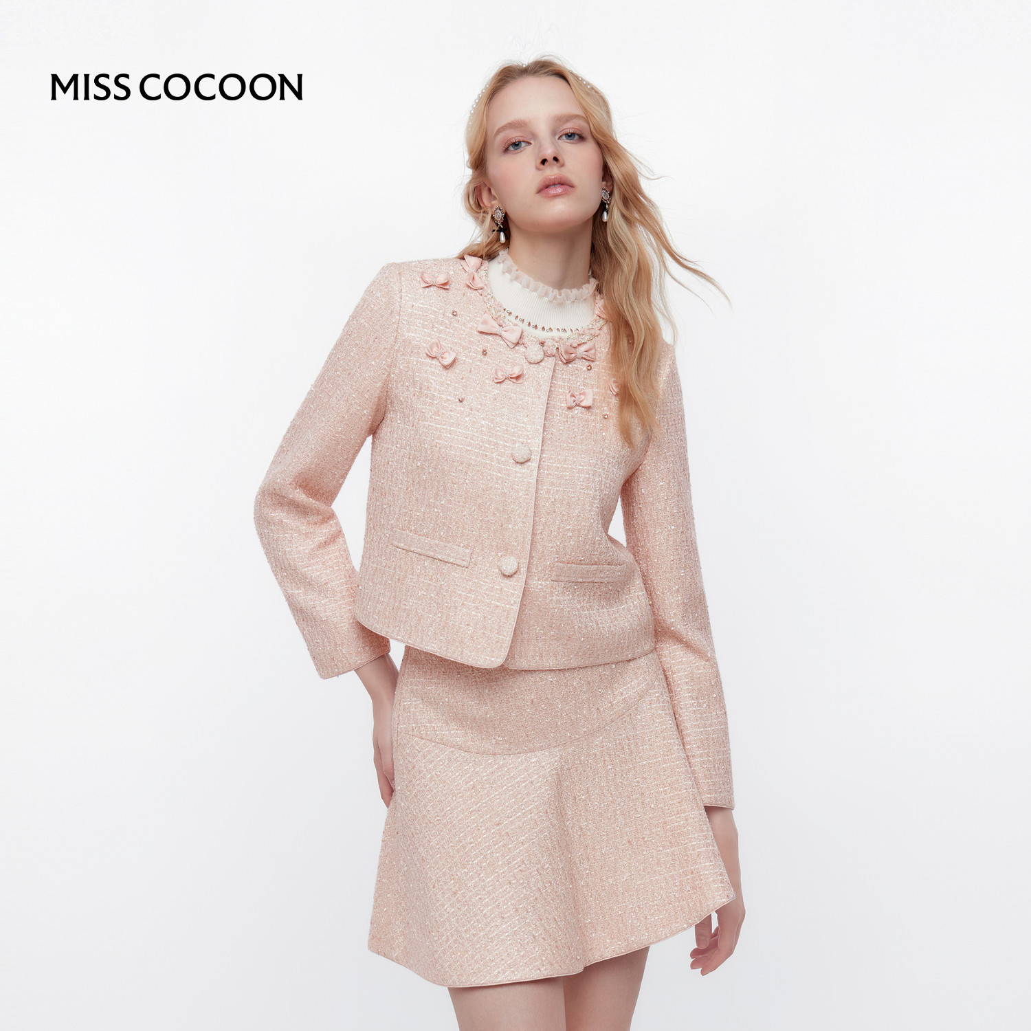 【七七酱专享】MISSCOCOON粉色套装裙小香风粗花呢短外套,女装/女士精品,时尚套装,淘宝优惠券,粉丝福利购,淘宝优惠卷