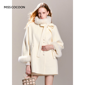 MISSCOCOON斗篷式 全羊毛大衣蝴蝶系带领双面呢外套可拆狐狸毛2色