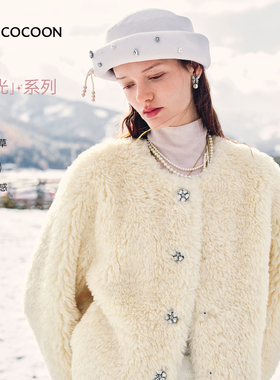 MISSCOCOON经典箱型仿羊羔毛环保皮草外套圆领钻扣短款25冬新款