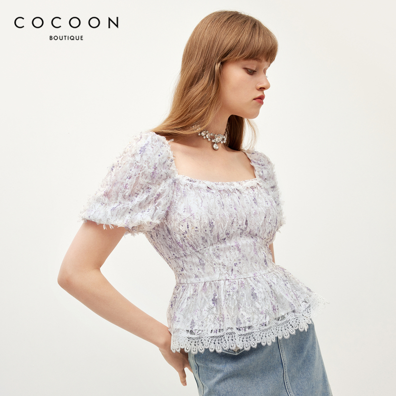 可可尼cocoon印花蕾丝衫复古方领剪花工艺法式上衣夏款