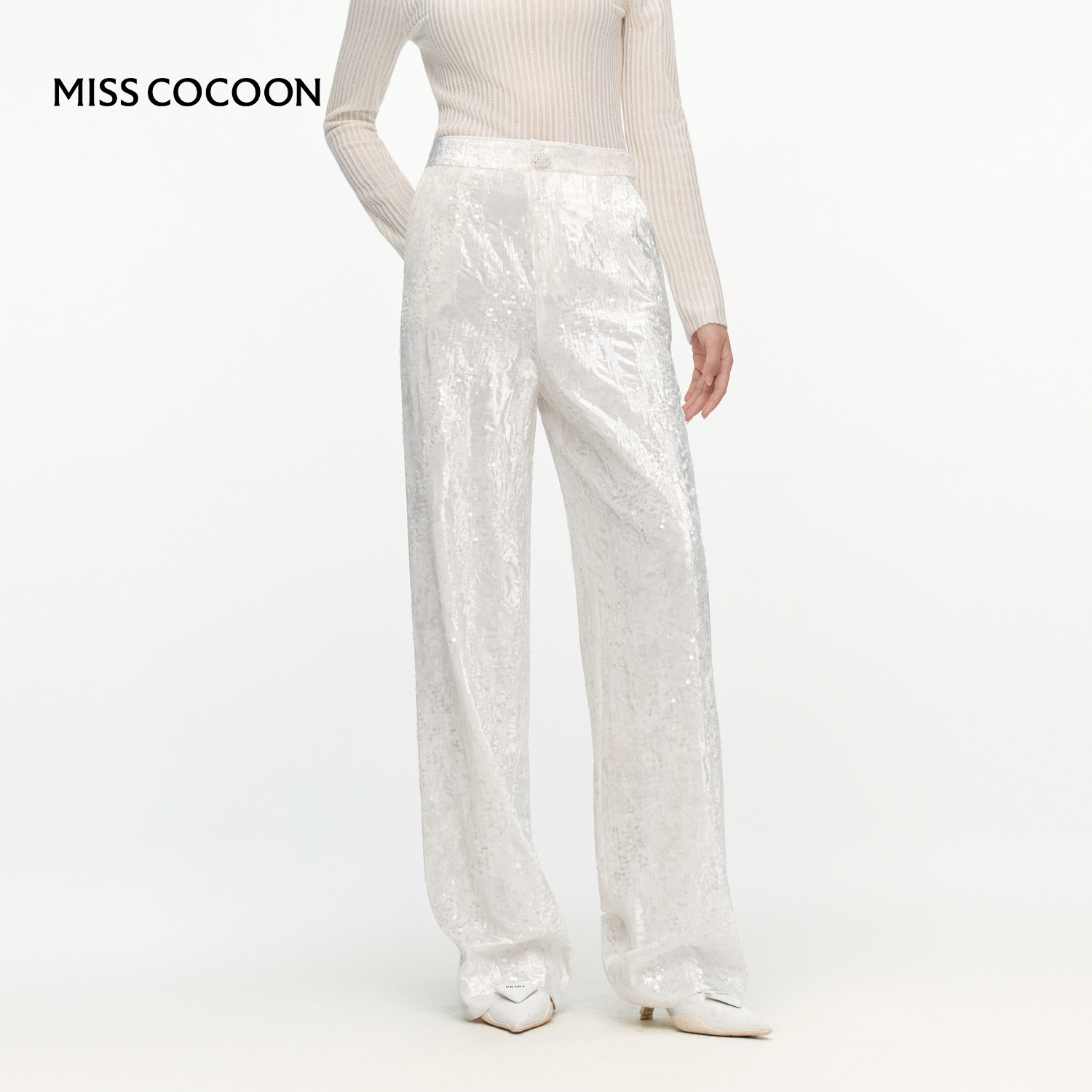 MISSCOCOON白色直筒长裤显瘦亮片丝绒阔腿裤春新款,女装/女士精品,休闲裤,淘宝优惠券,粉丝福利购,淘宝优惠卷