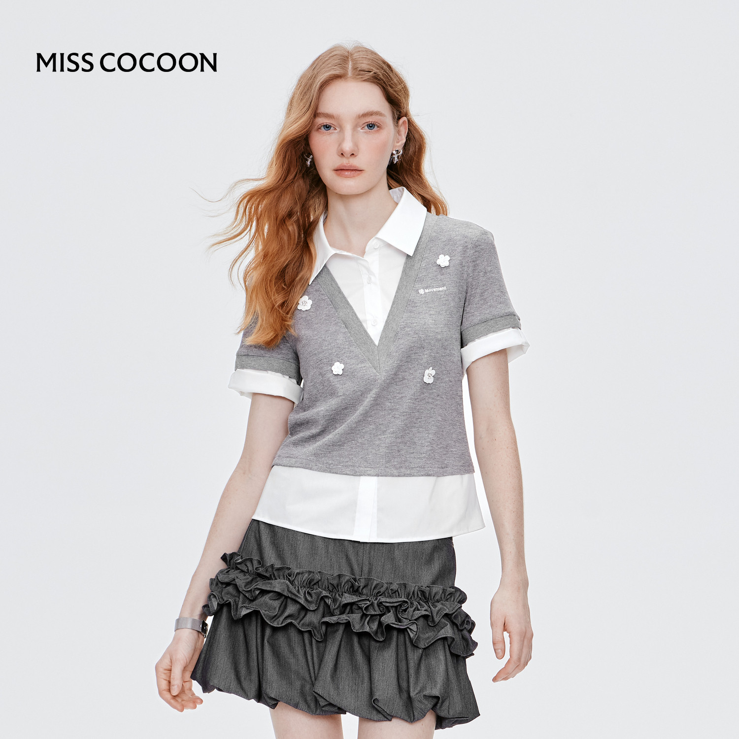 MISSCOCOON假两件衬衫领T恤miu系钉珠玫瑰短袖灰色上衣25夏新款