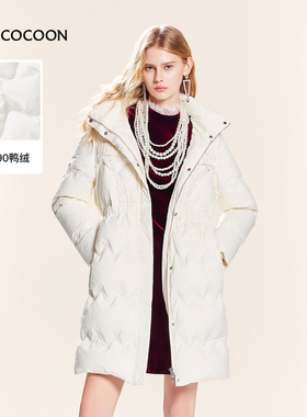 【90%鸭绒】MISSCOCOON高密抗皱收腰连帽白色羽绒服长款外套冬款