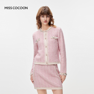 MISSCOCOON小香风粉色针织套装钻饰圆领短外套短裙26春新款