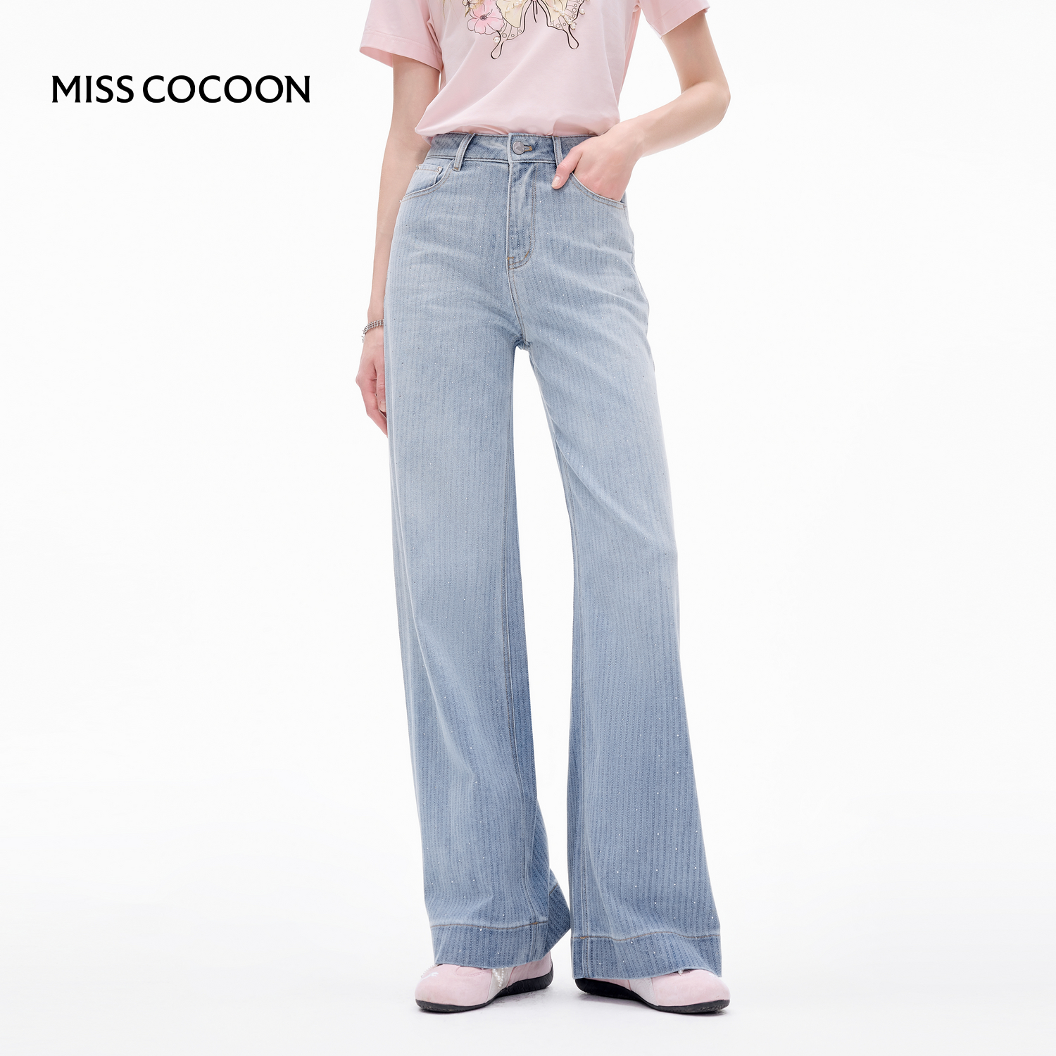 MISSCOCOON渐变竖条烫钻牛仔裤高腰宽松棉阔腿裤25秋新款