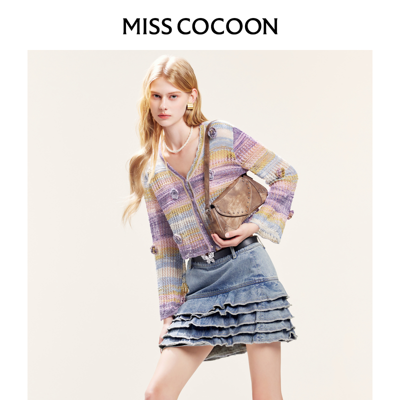 MISSCOCOON镂空渐变针织开衫立体勾花条纹外套秋款