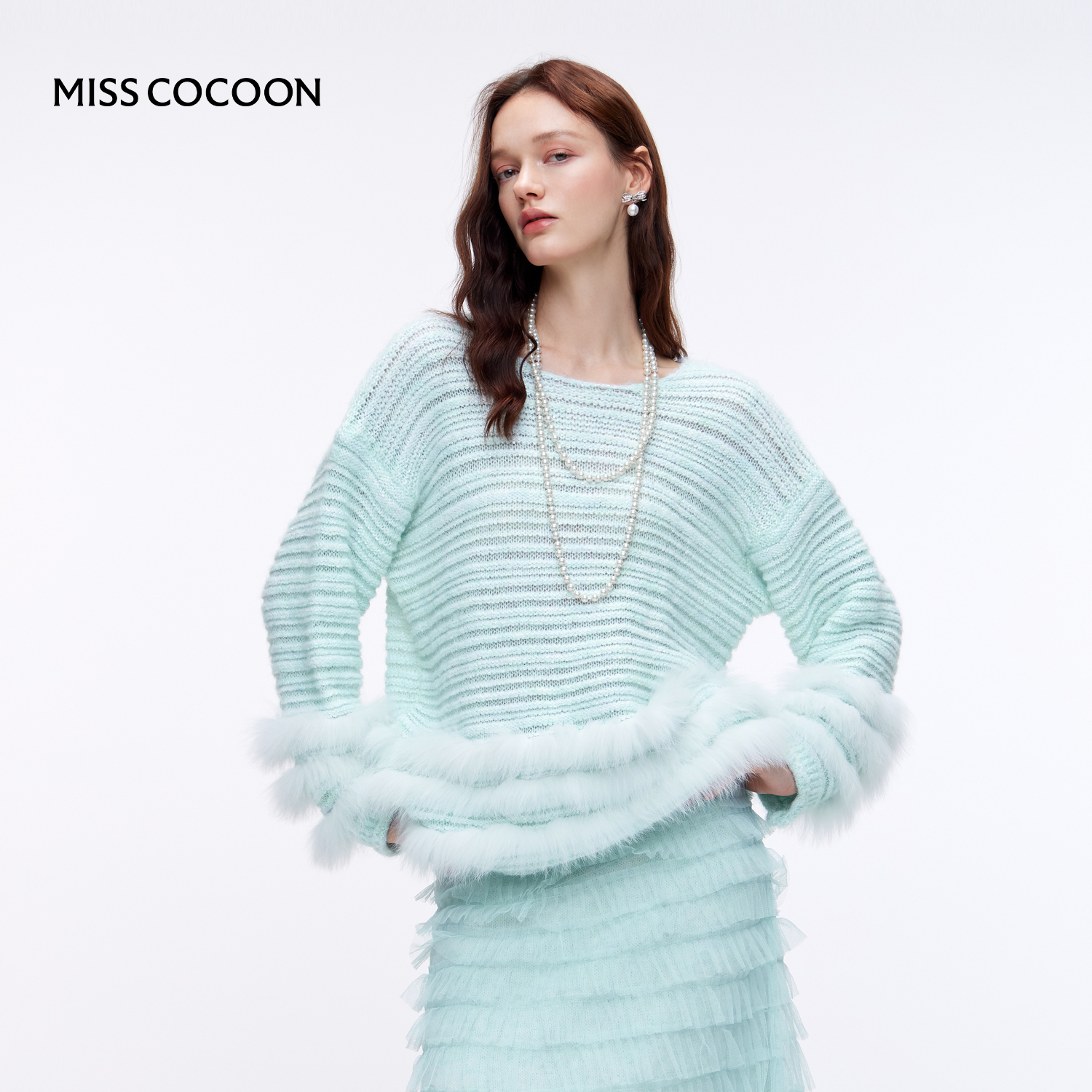 MISSCOCOON圆领毛衣套头毛绒蓝色针织衫上衣25冬新款