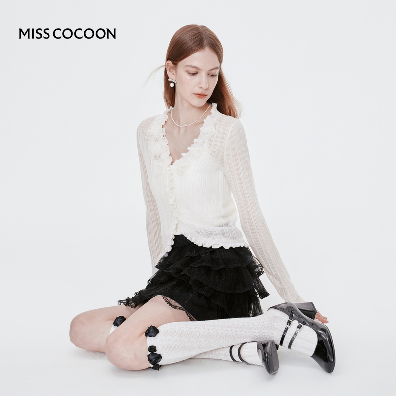 MISSCOCOON玫瑰花V领针织开衫含亚麻薄外套粉色白色25夏新款