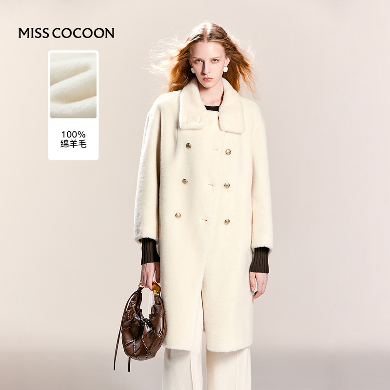 MISSCOCOON立领金属扣全羊毛皮草大衣米白直筒宽松大衣冬款