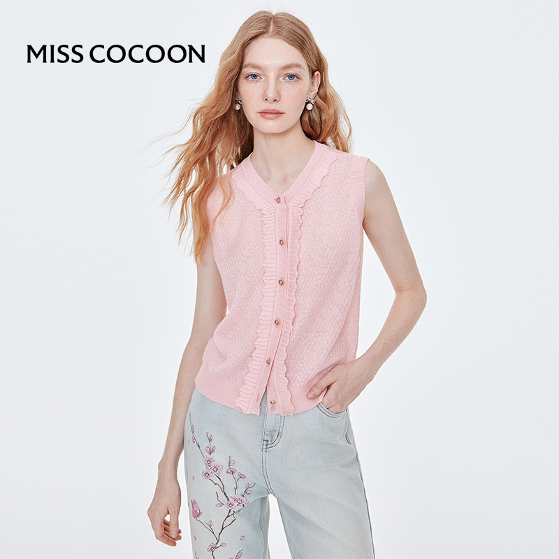 MISSCOCOON真丝羊毛轻薄针织背心木耳边门襟粉色黄色25夏新款